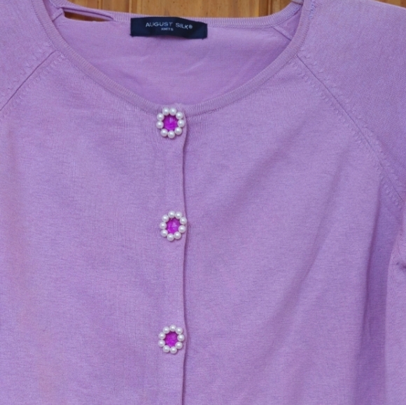 August Silk Knit Women's Lilac Snap Front 3/4 Sleeve Cardigan Sweater - Picture 2 of 13